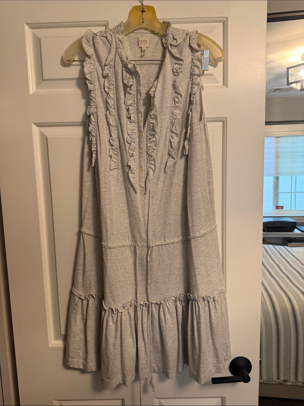 La Vie Light Gray Ruffle-Trim Midi Dress